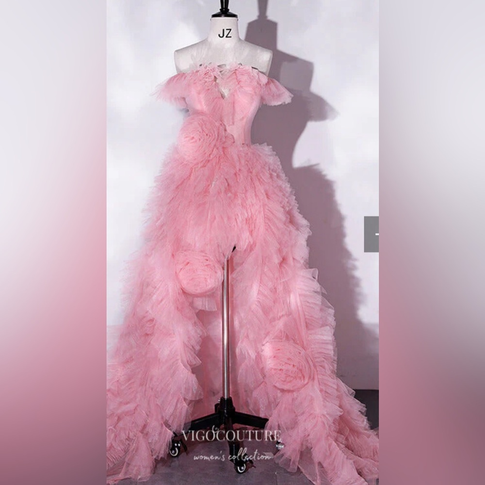 Pink Ruffled Off the Shoulder Prom
Dress with High Slit!  💗 - Picture 16 of 16